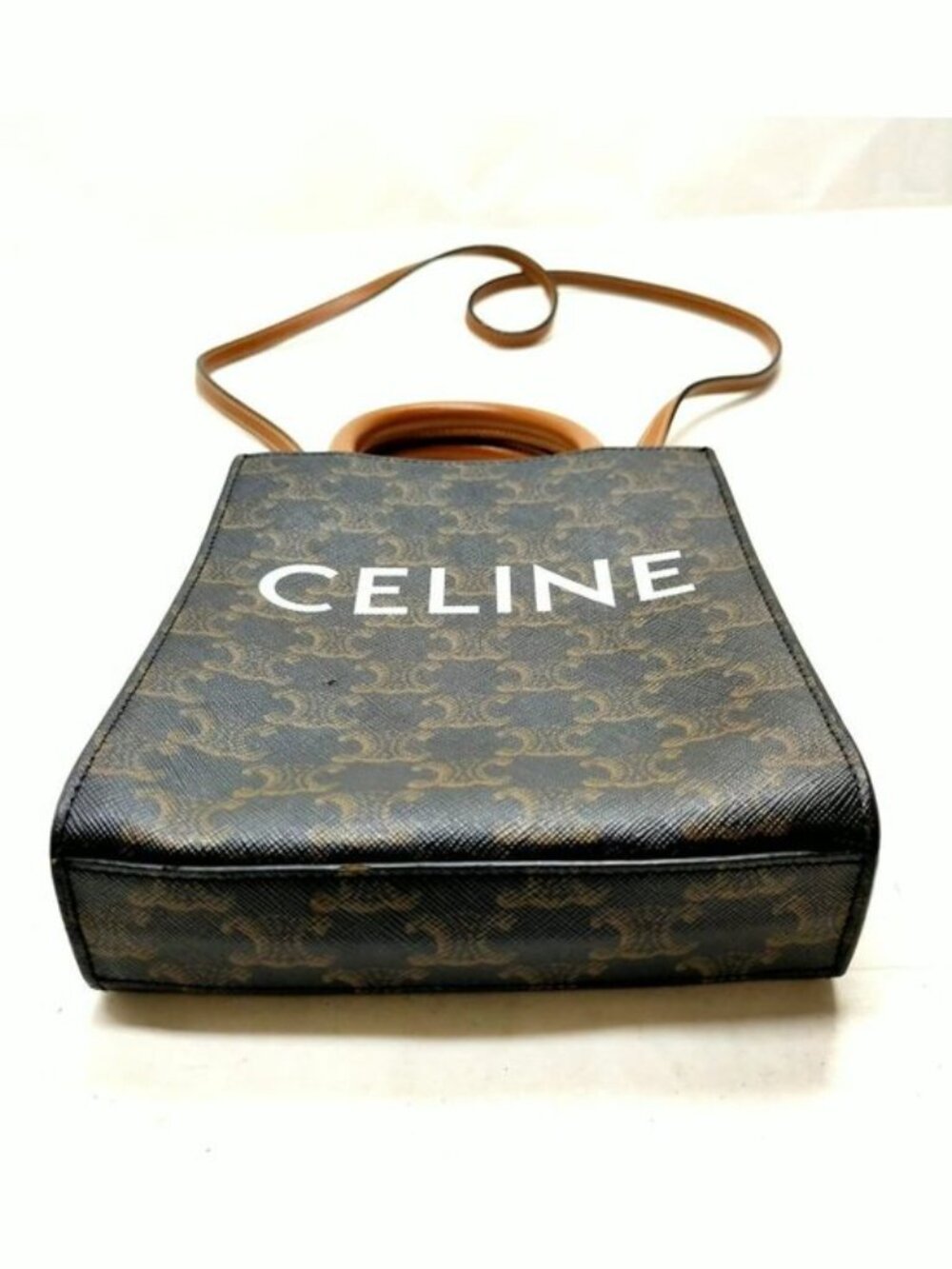 Authentic Celine Mini Vertical Cabas Triomphe Canvas Crossbody Tote Brown Logo - Picture 9 of 16
